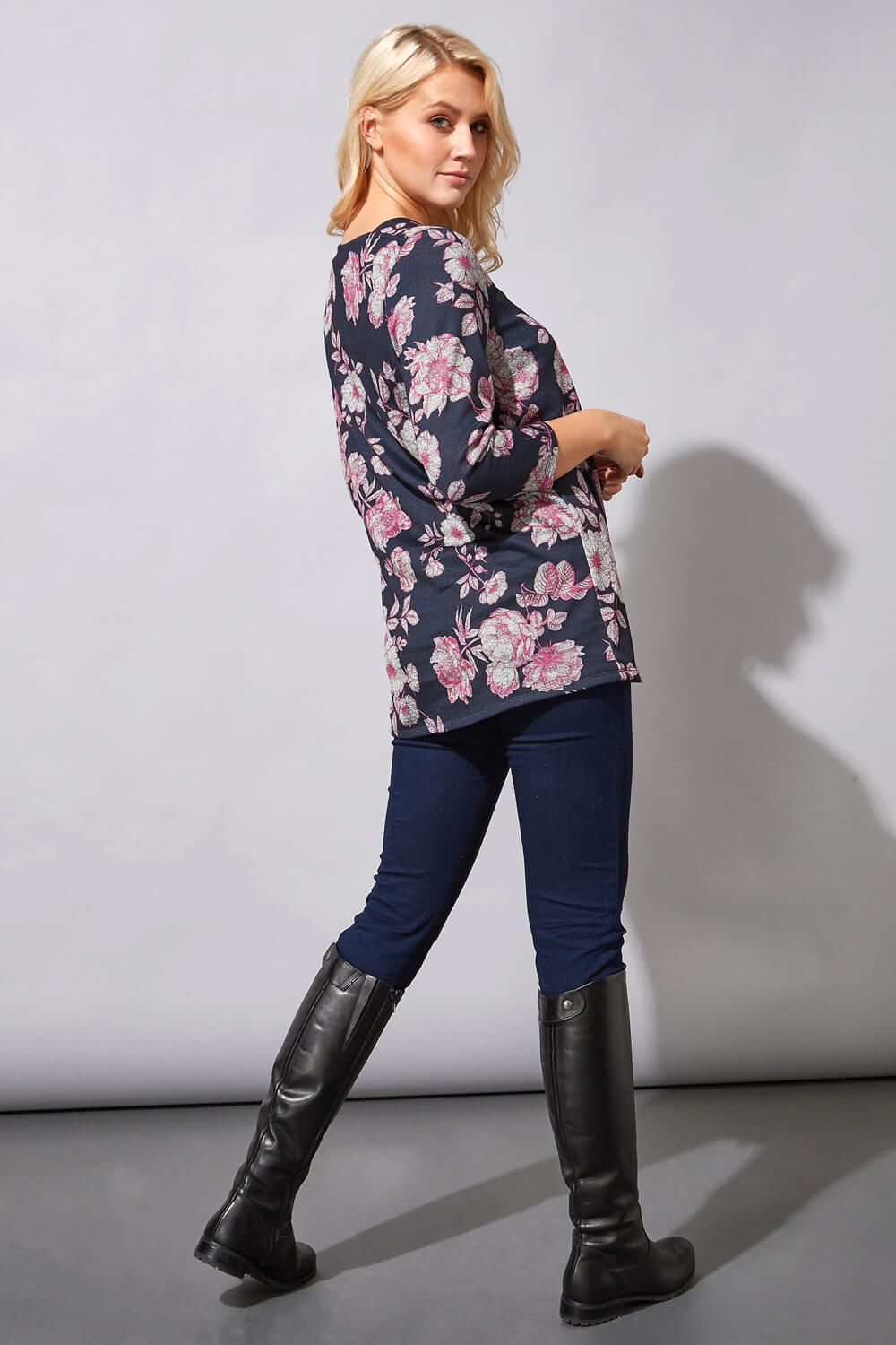 Navy  Square Neck Floral Print Tunic Top, Image 3 of 4