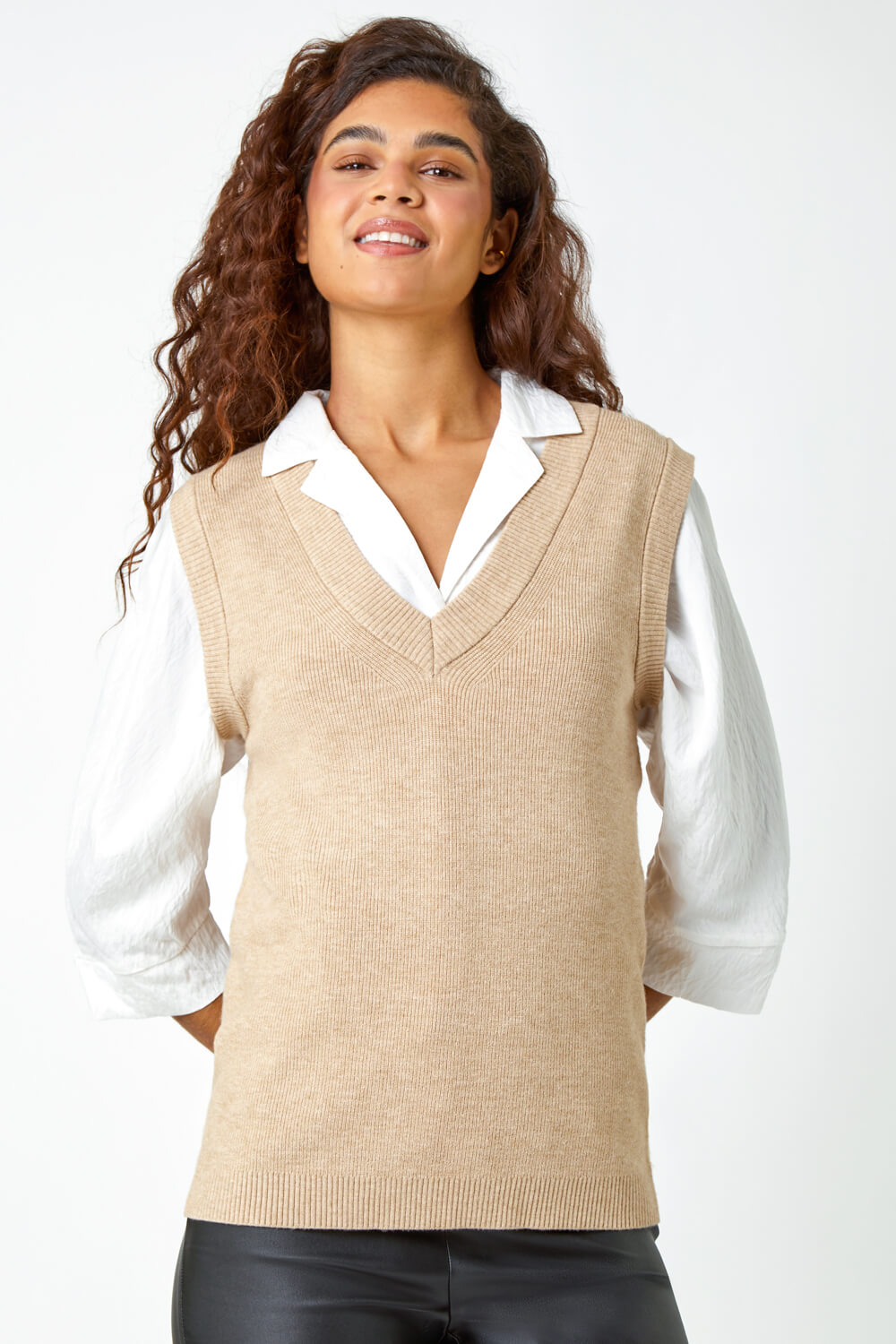 Natural  Sleeveless Knitted Vest, Image 3 of 6