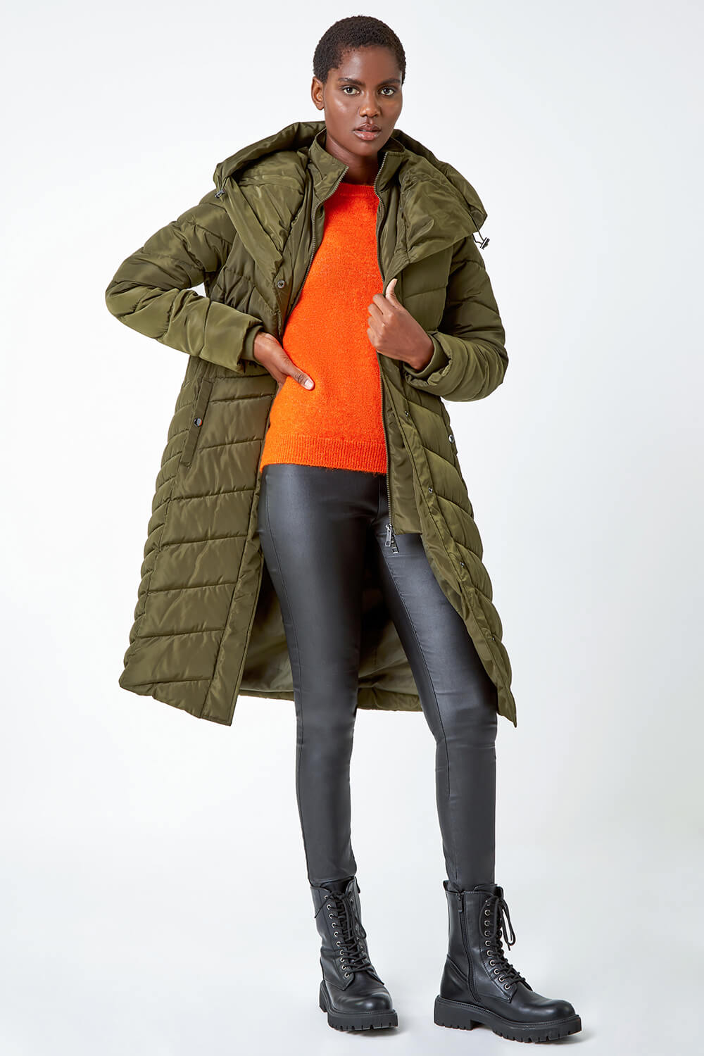 KHAKI Hooded Quilted Longline Coat, Image 2 of 5