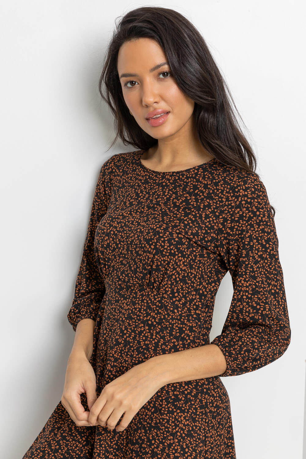 Brown Ditsy Floral Print Dress, Image 4 of 4