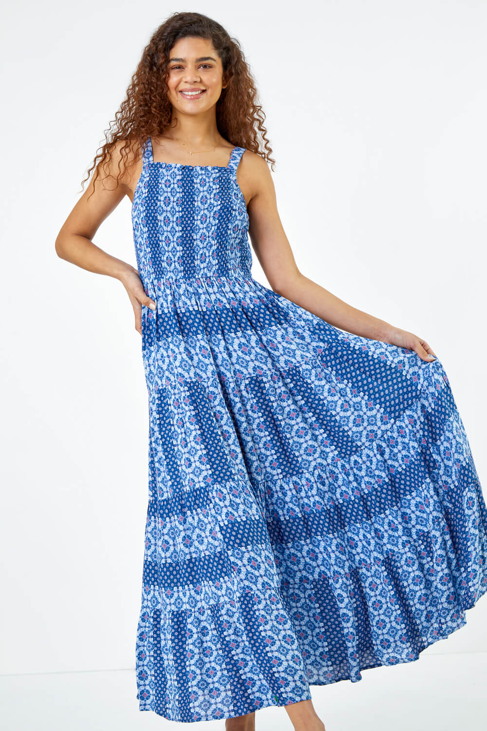Blue Printed Shirred Bodice Maxi Dress, Image 2 of 5