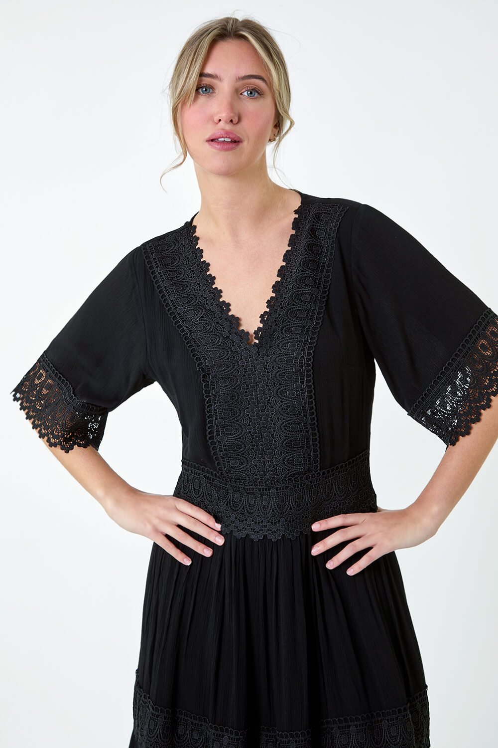 Black Tiered Lace Detail Maxi Dress, Image 4 of 4