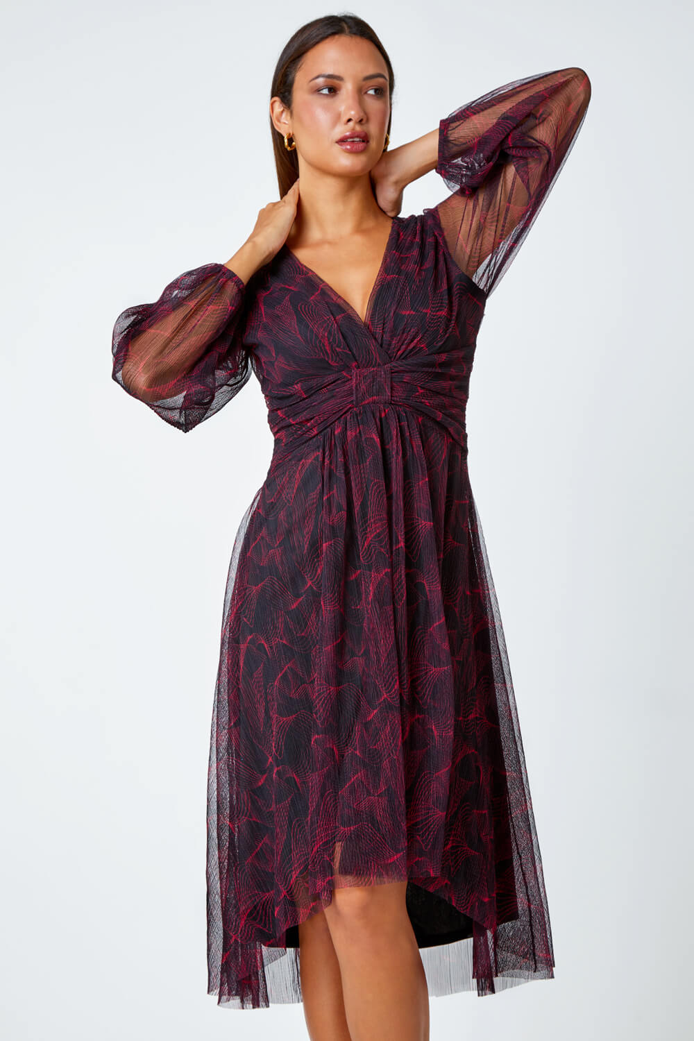 Red Abstract Plisse Twist Front Dress, Image 1 of 5
