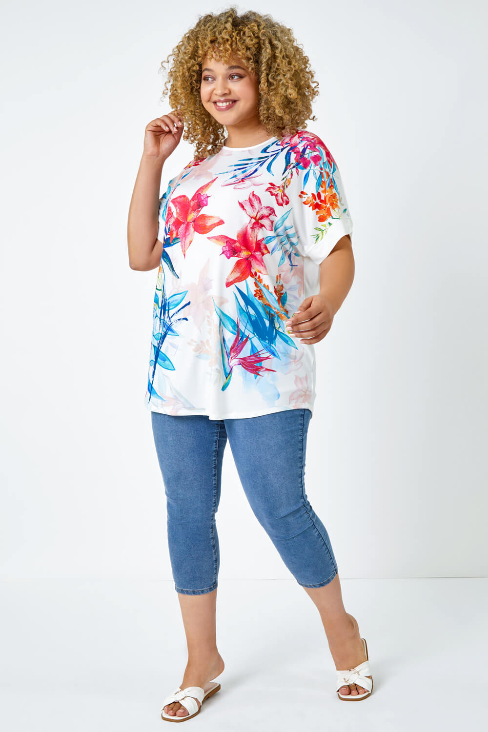 Ivory  Curve Floral Print T-Shirt, Image 2 of 5