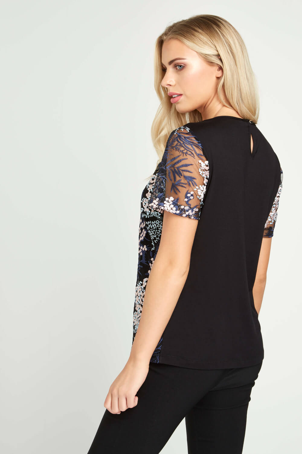 Black Mesh Floral Embroidered Tee, Image 3 of 5