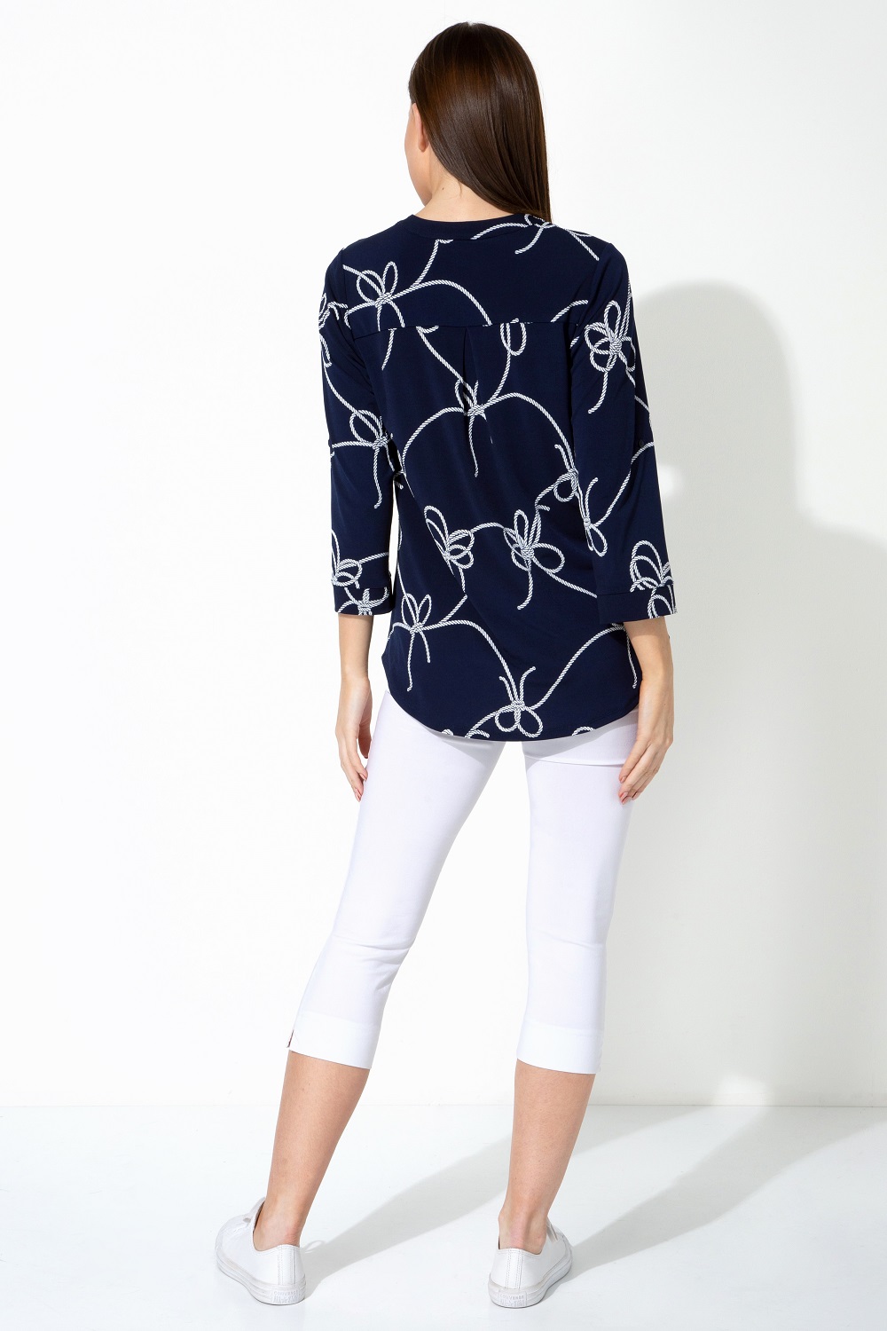 Navy/White Rope Print Button Detail Top, Image 3 of 4