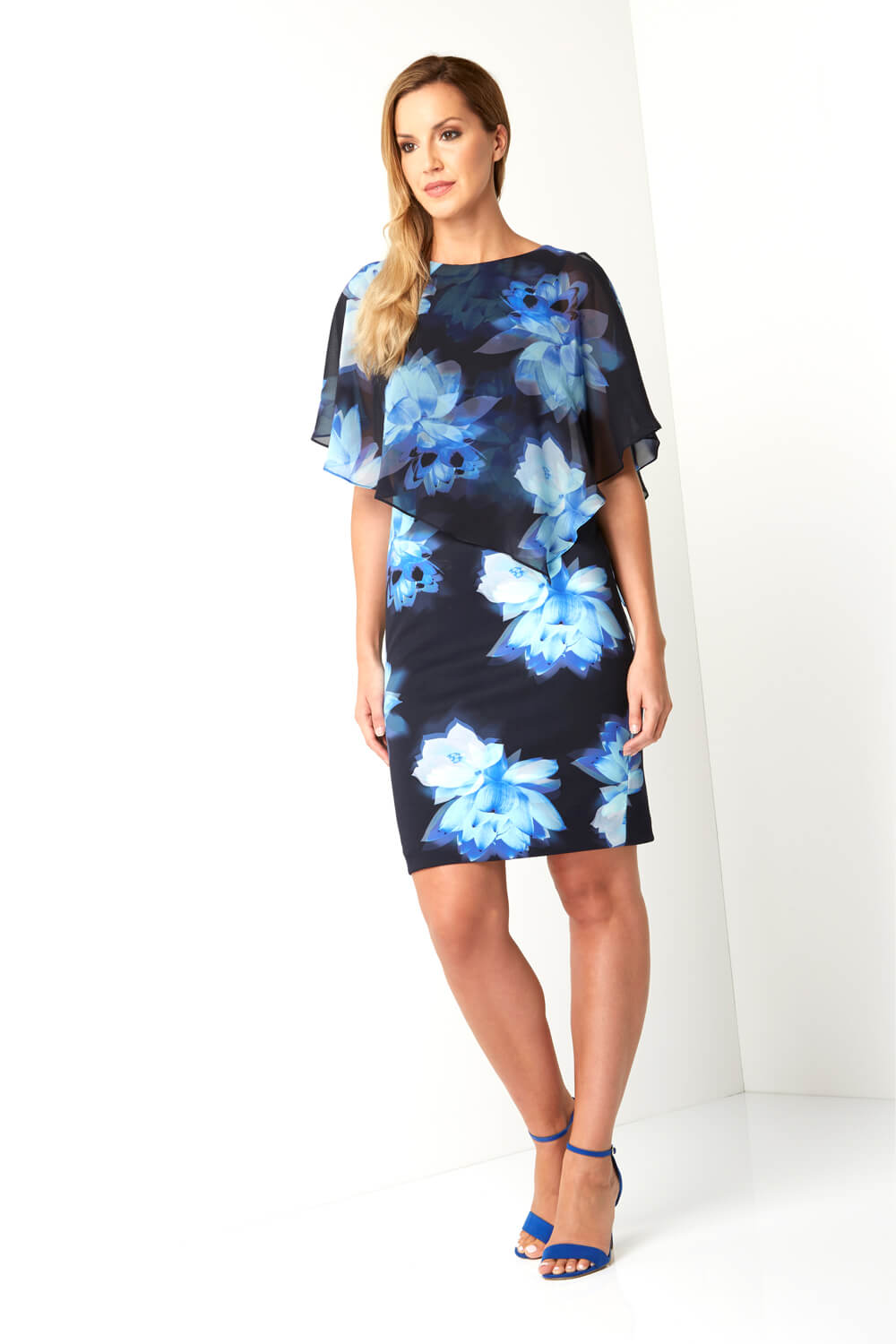 Blue Chiffon Layer Floral Print Scuba Dress, Image 4 of 5