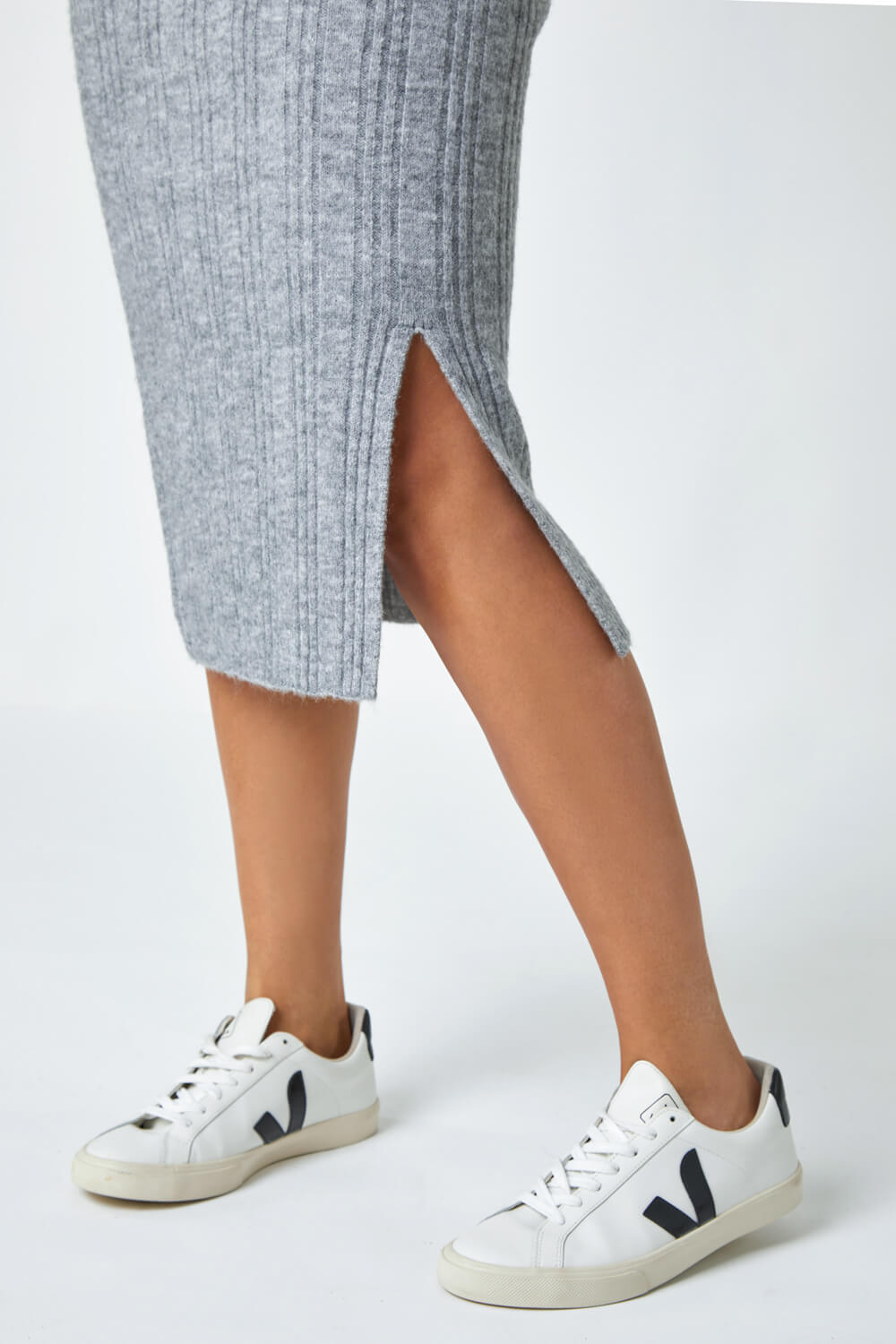 Grey Ribbed Side Split Knit Pencil Skirt, Image 5 of 5