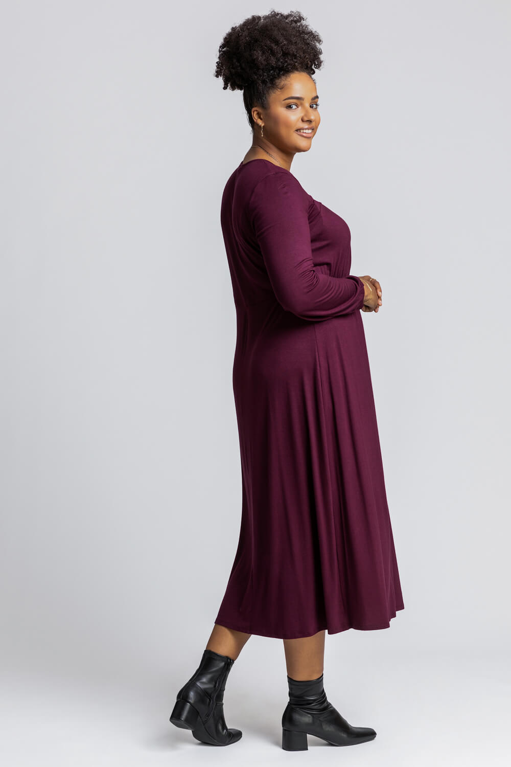 Aubergine Curve Long Sleeve Jersey Midi Dress, Image 2 of 4