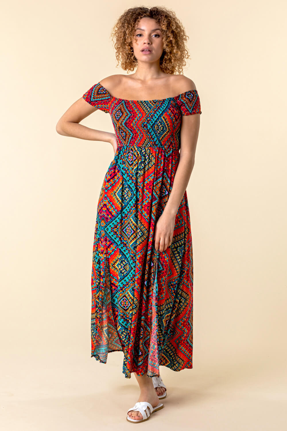 Shirred Aztec Print Bardot Dress