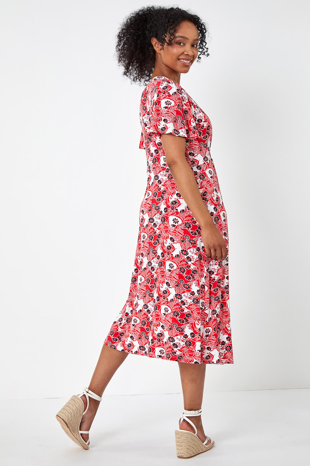 Red Petite Floral Shirred Stretch Midi Dress, Image 3 of 4