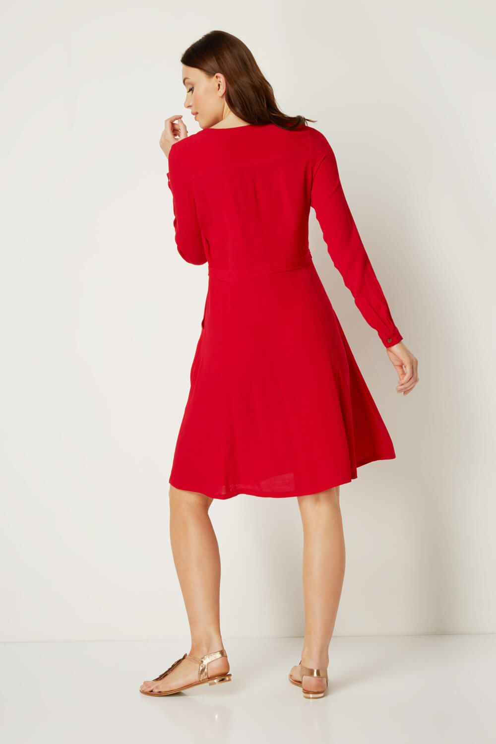 Red Fit and Flare Shirt Dress, Image 3 of 4