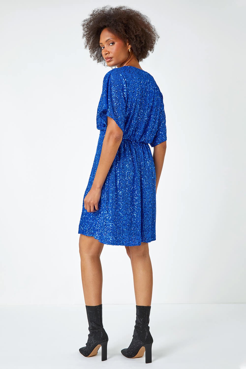 Royal Blue Sequin Embellished Wrap Stretch Dress, Image 3 of 6