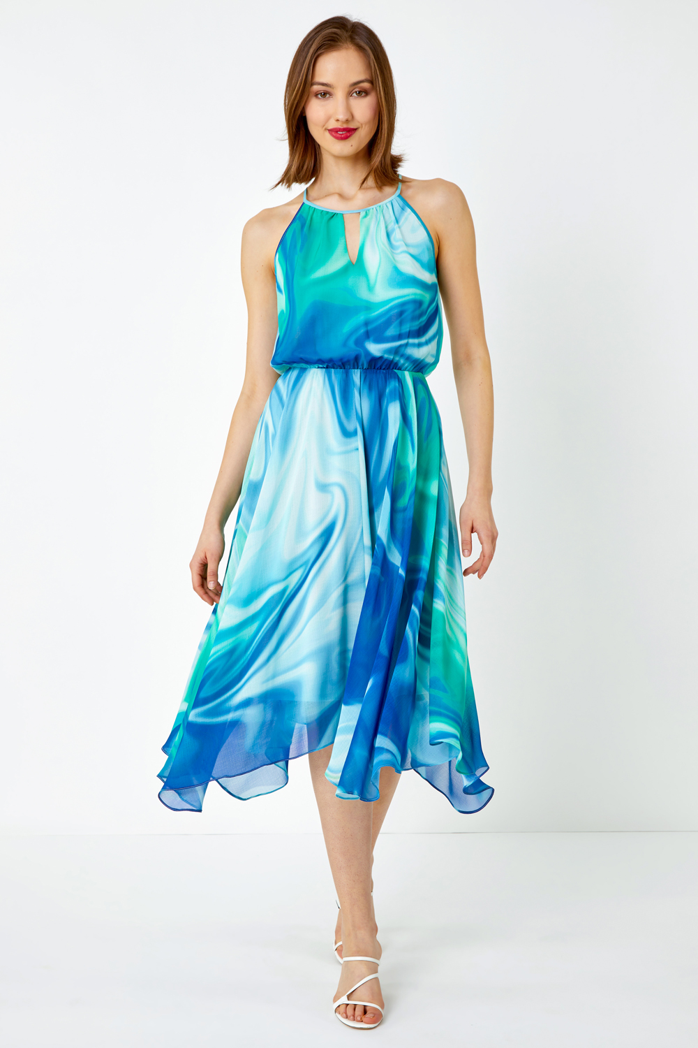 Blue Tie Dye Halter Neck Midi Dress, Image 2 of 5