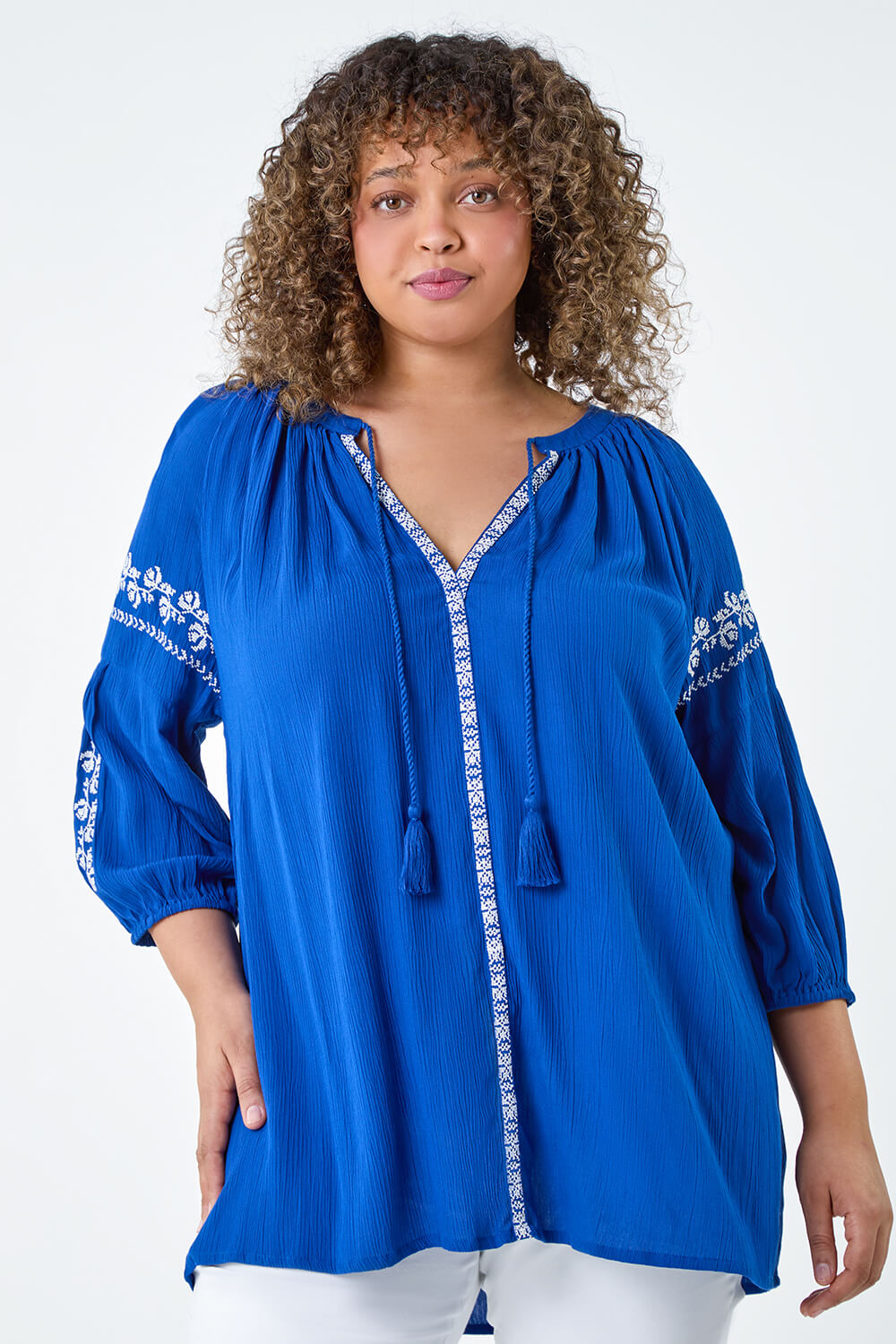 Royal Blue Curve Tie Neck Embroidered Smock Top, Image 4 of 5
