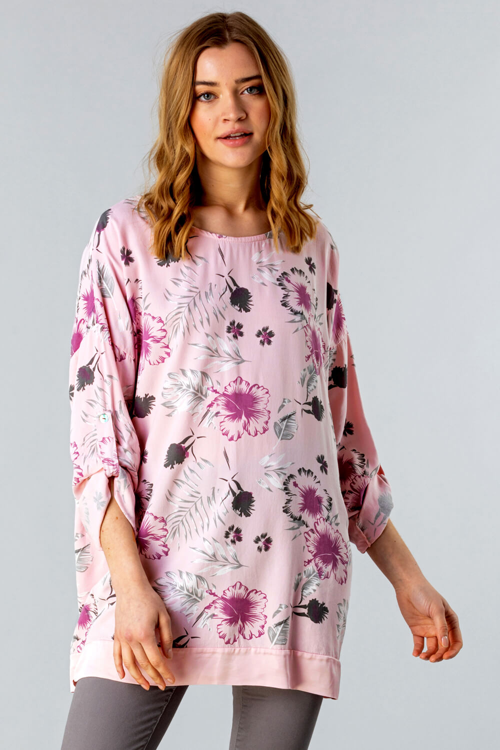 Floral Print Longline Tunic Top in PINK ...
