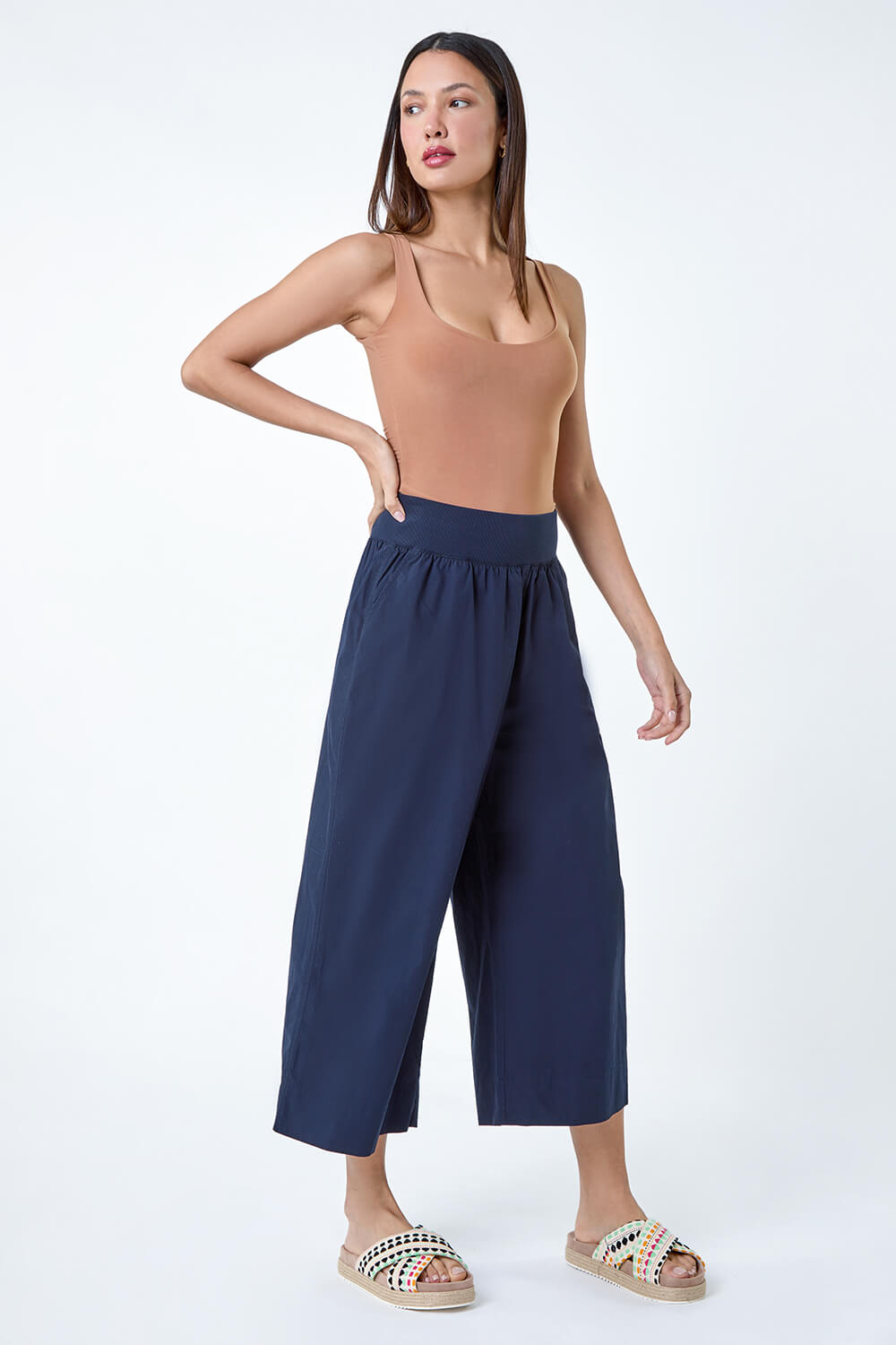 Navy  Wide Leg Cotton Culottes, Image 2 of 5