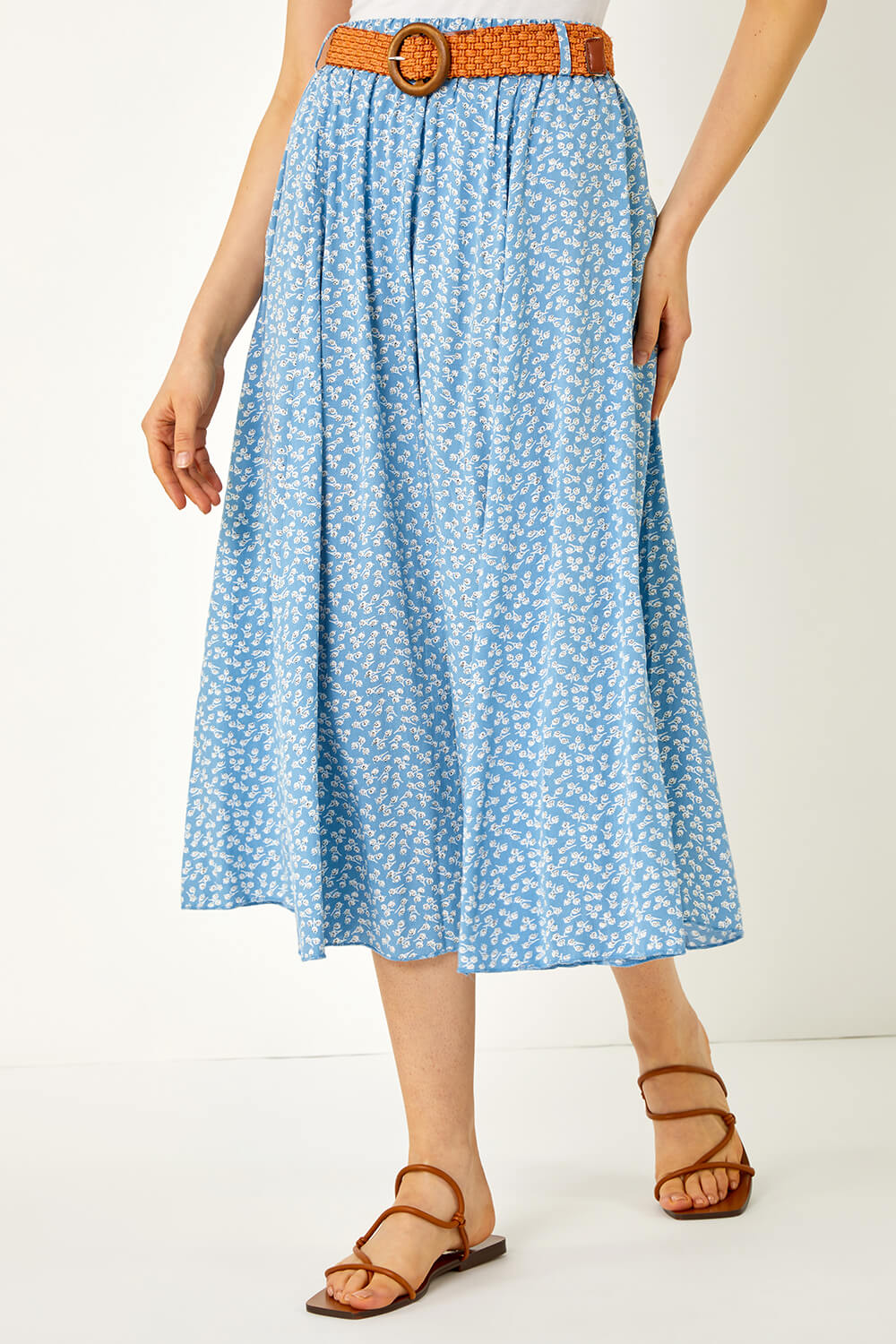  Floral Print Belted Midi Skirt, Image 4 of 5