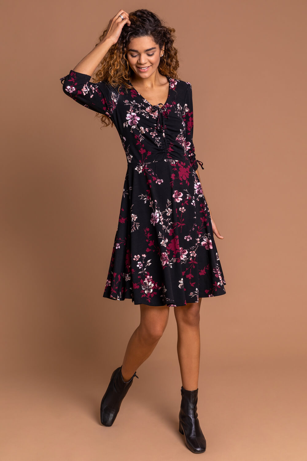 Wine Floral Print Gathered Dress, Image 3 of 5