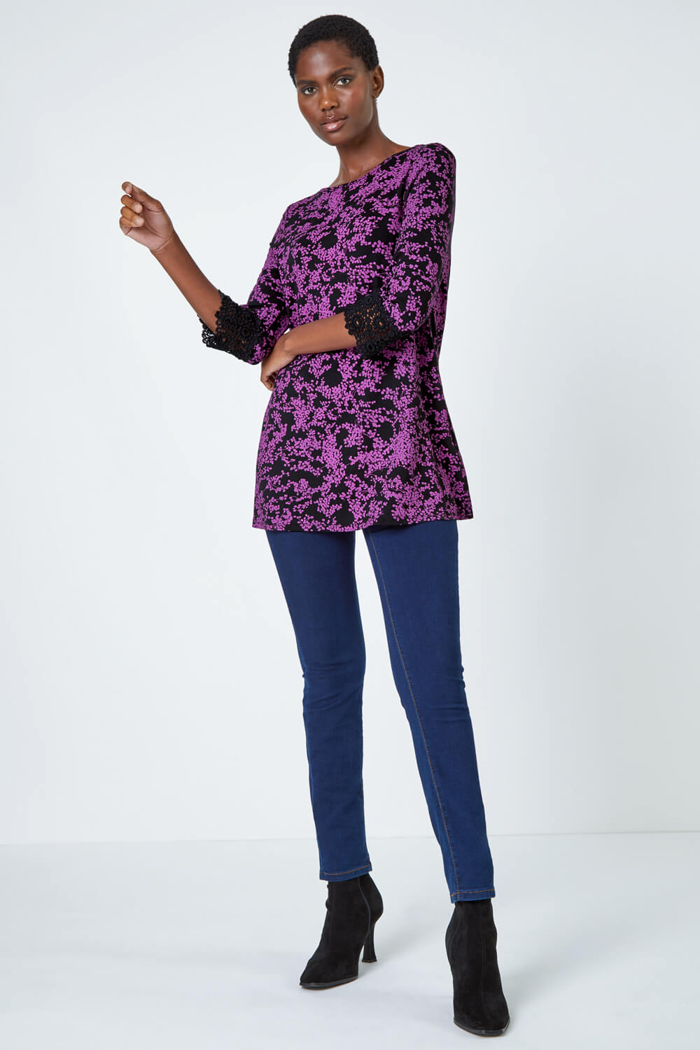 Purple Floral Lace Cuff Stretch Top, Image 2 of 5
