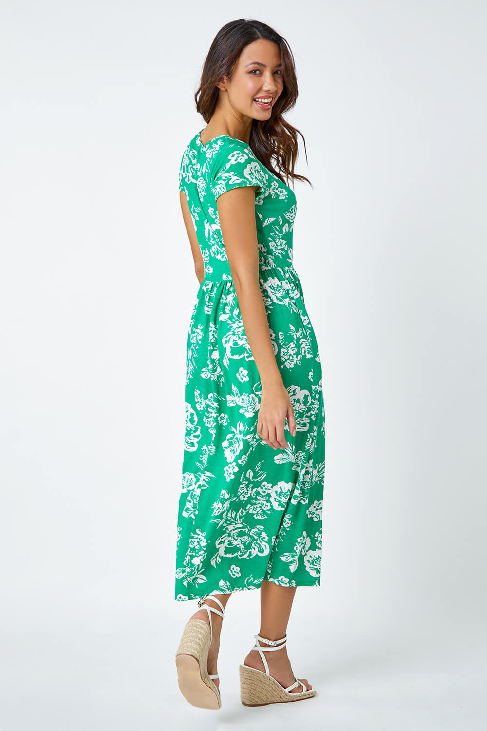 Green Floral Print Midi Stretch Dress, Image 3 of 5