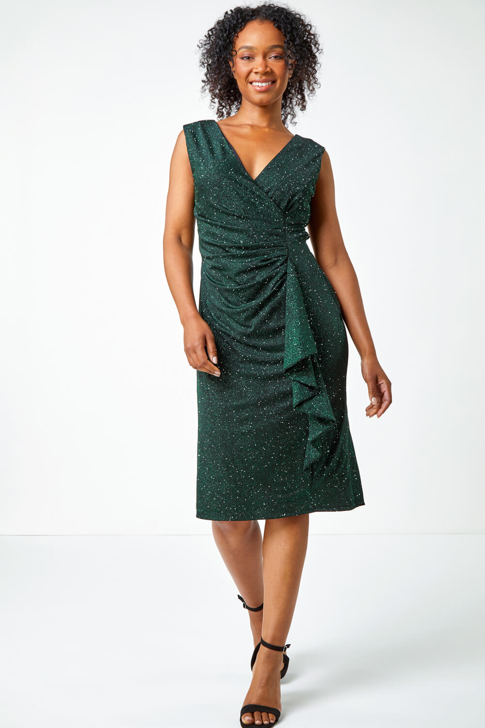 Green Petite Ruched Waterfall Stretch Dress, Image 2 of 5