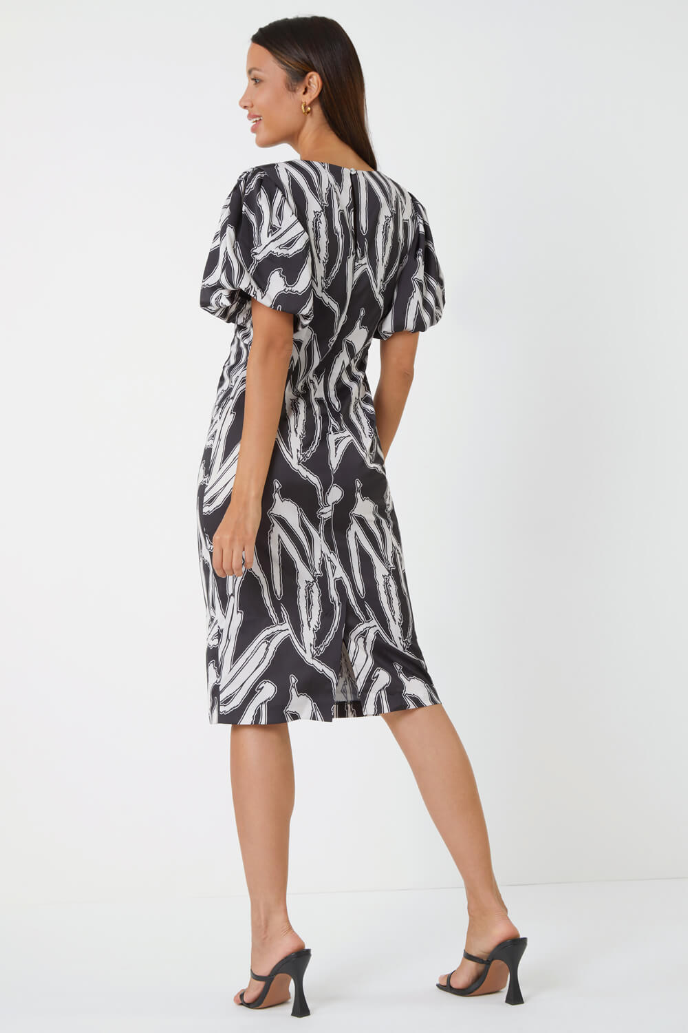 Black Abstract Print Ruched Stretch Dress , Image 3 of 5