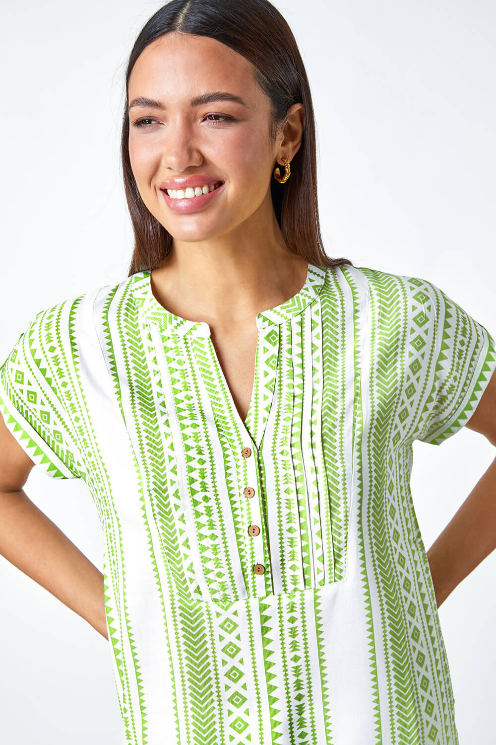 Lime Aztec Print Button Detail Top, Image 4 of 5