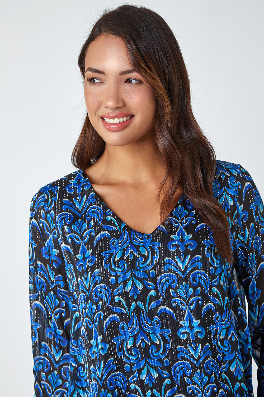 Blue Abstract Print Metallic Ruched Blouse , Image 4 of 5
