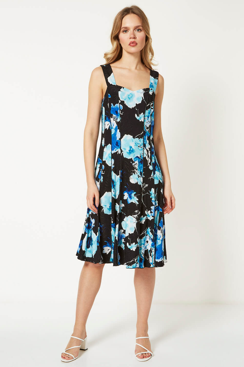 Black Floral Print Panel Fit and Flare Dress, Image 3 of 4