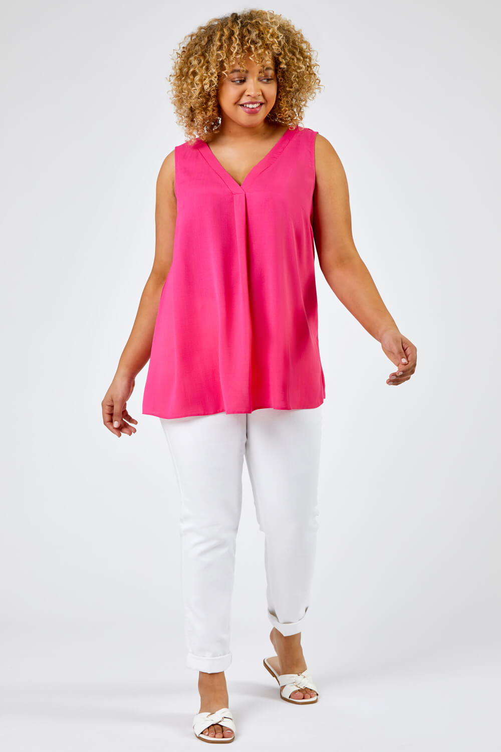 PINK Curve V-Neck Pleat Tank Top, Image 3 of 5