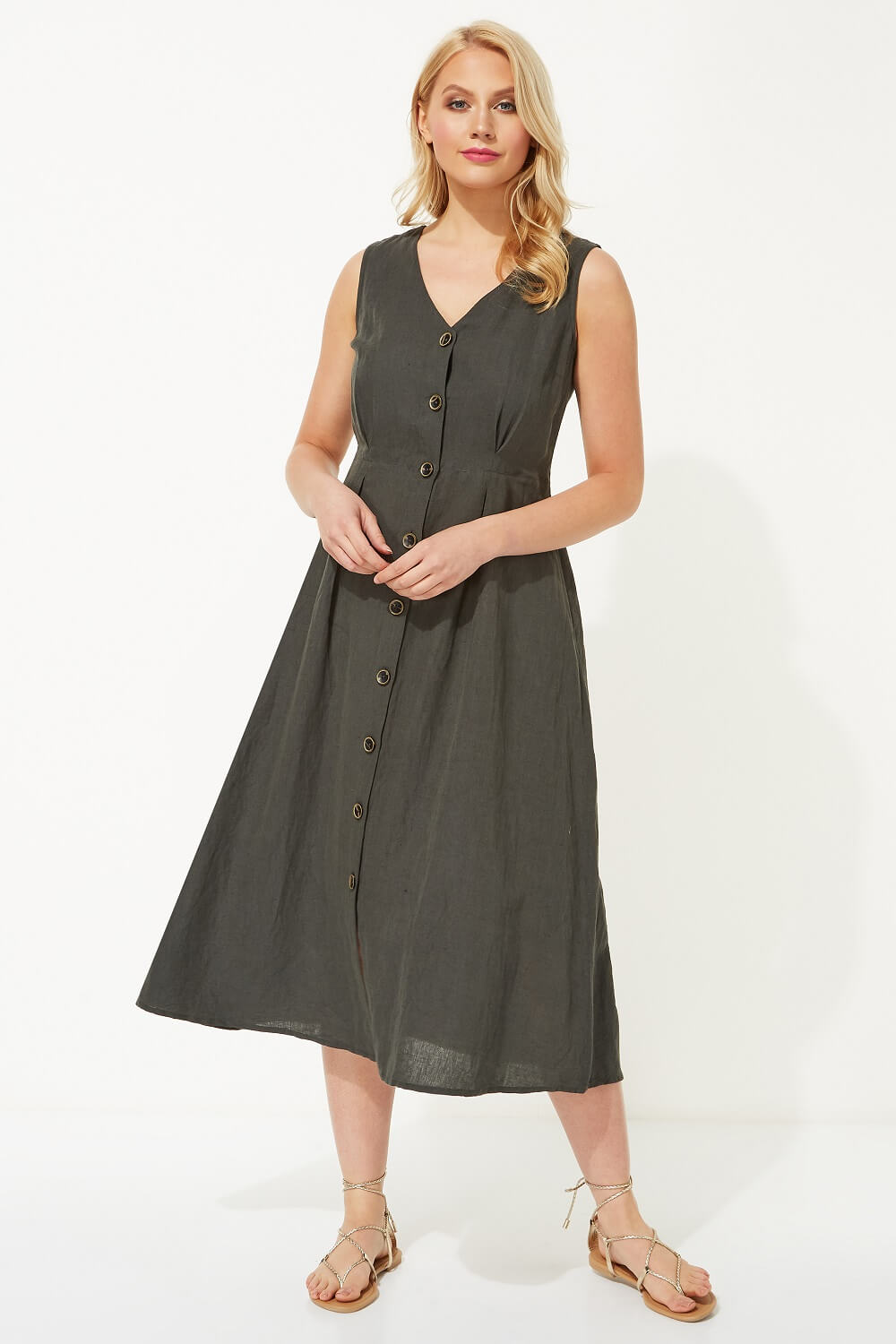 KHAKI Button Through Linen Midi Dress, Image 2 of 5
