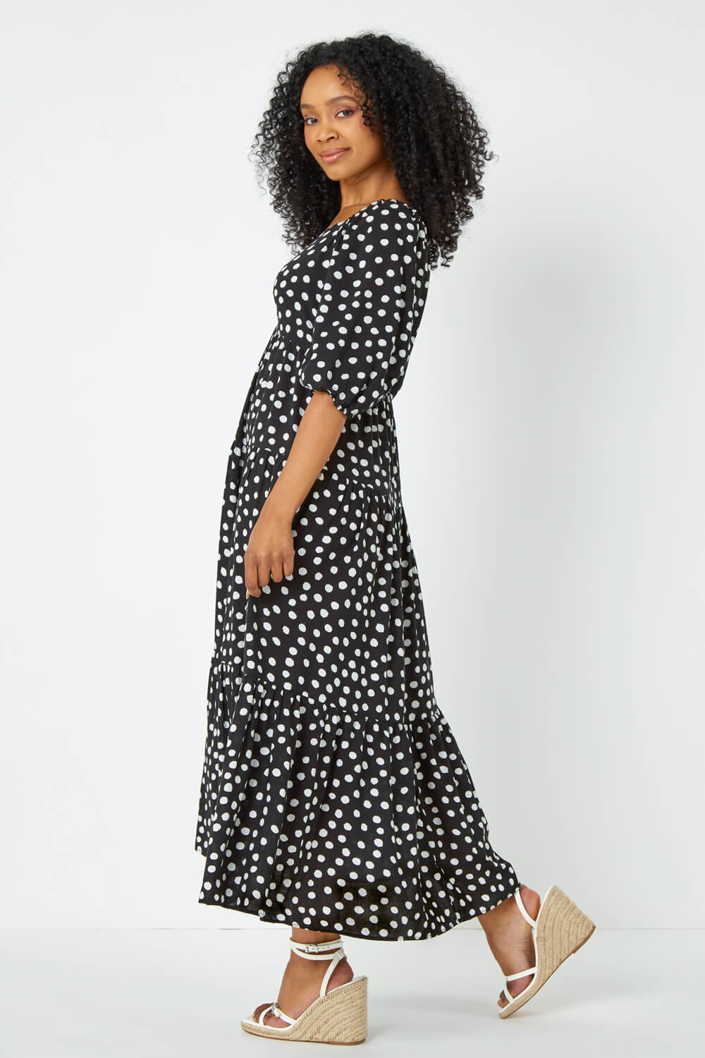 Black Petite Polka Dot Tiered Midi Dress, Image 3 of 5