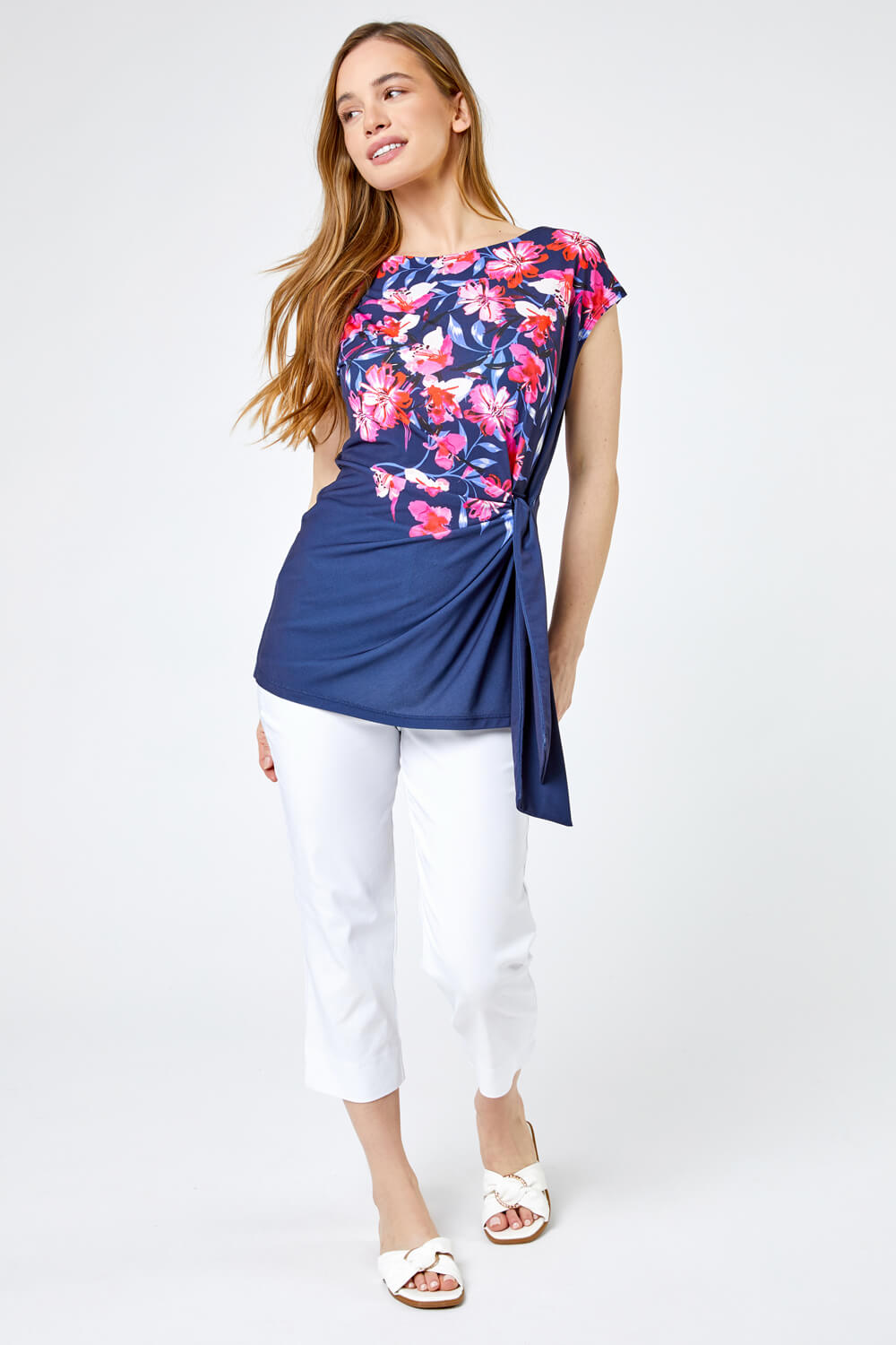 Navy  Petite Floral Print Knot Detail Top, Image 3 of 4