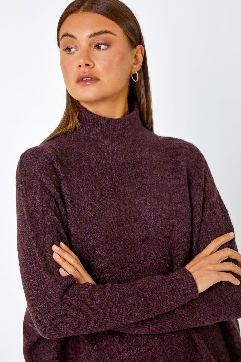 Plum Cable Knit Roll Neck Stretch Longline Jumper , Image 4 of 5