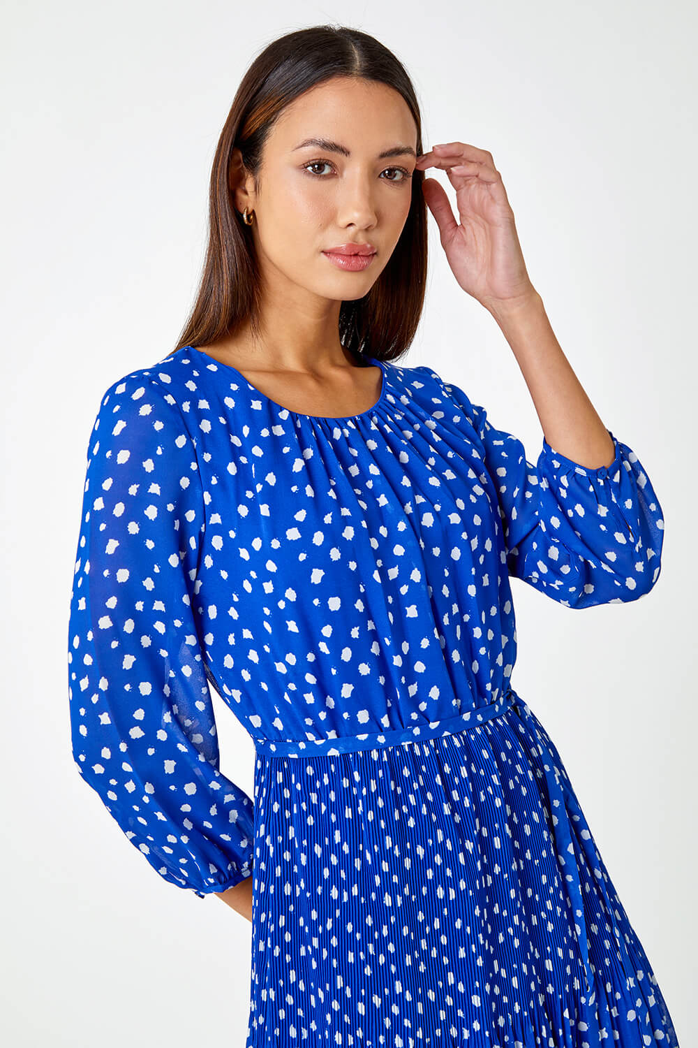 Royal Blue Spot Print Pleated Midi Dress, Image 4 of 6