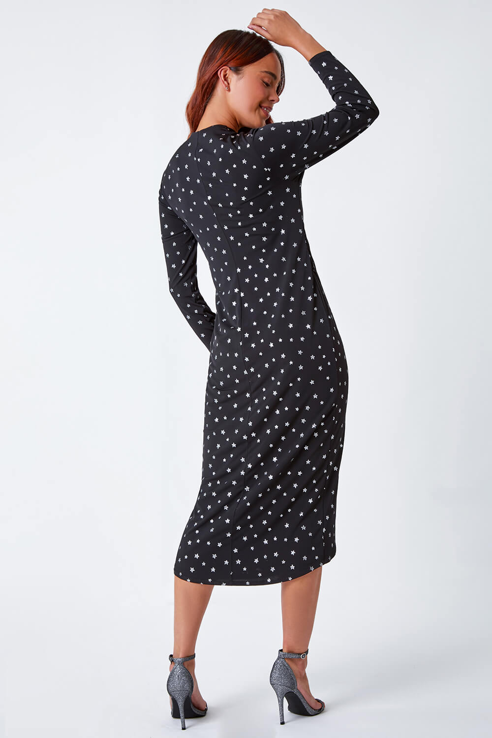 Black Petite Shimmer Star Stretch Midi Dress , Image 4 of 7