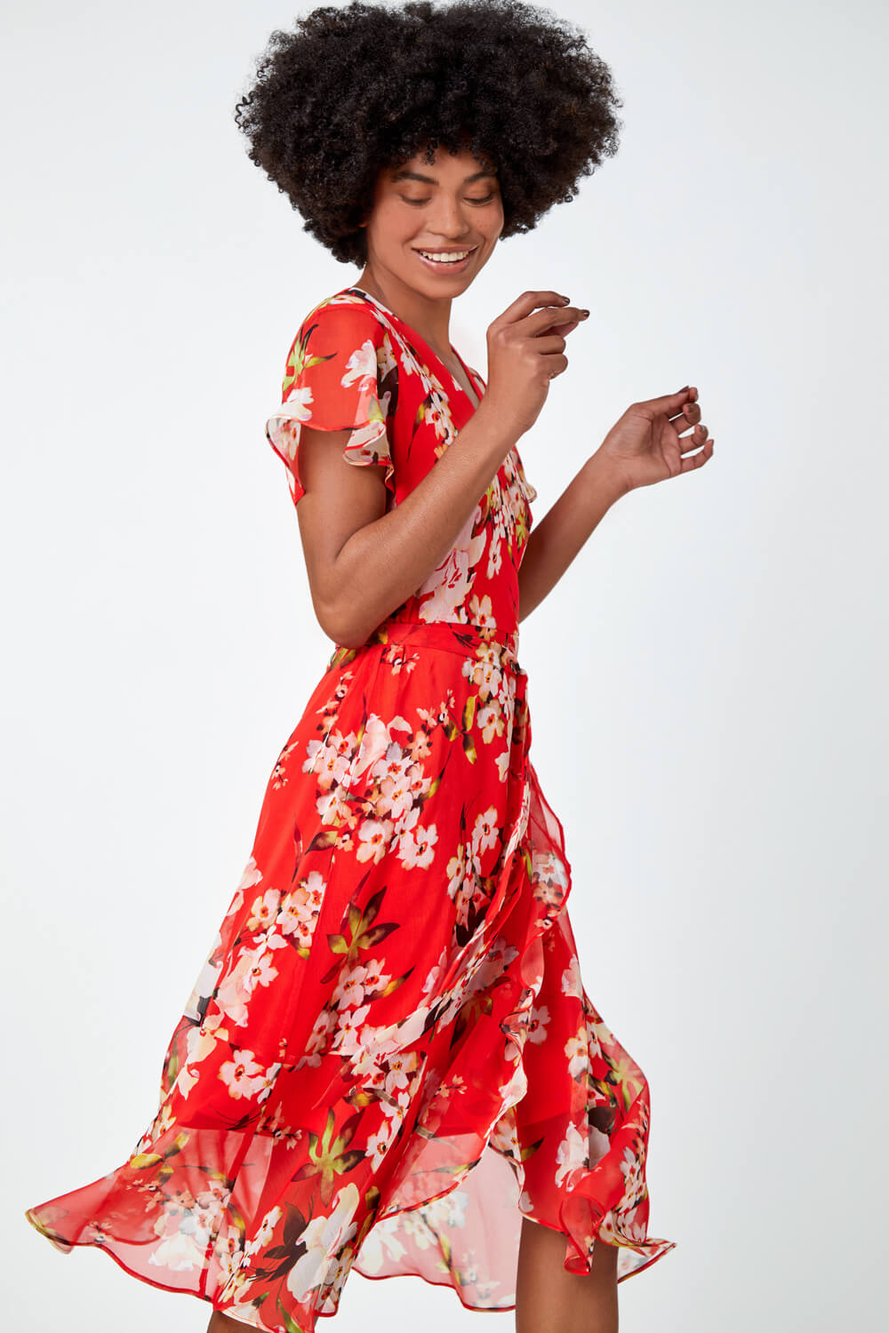 Red Floral Print Chiffon Wrap Dress , Image 6 of 6