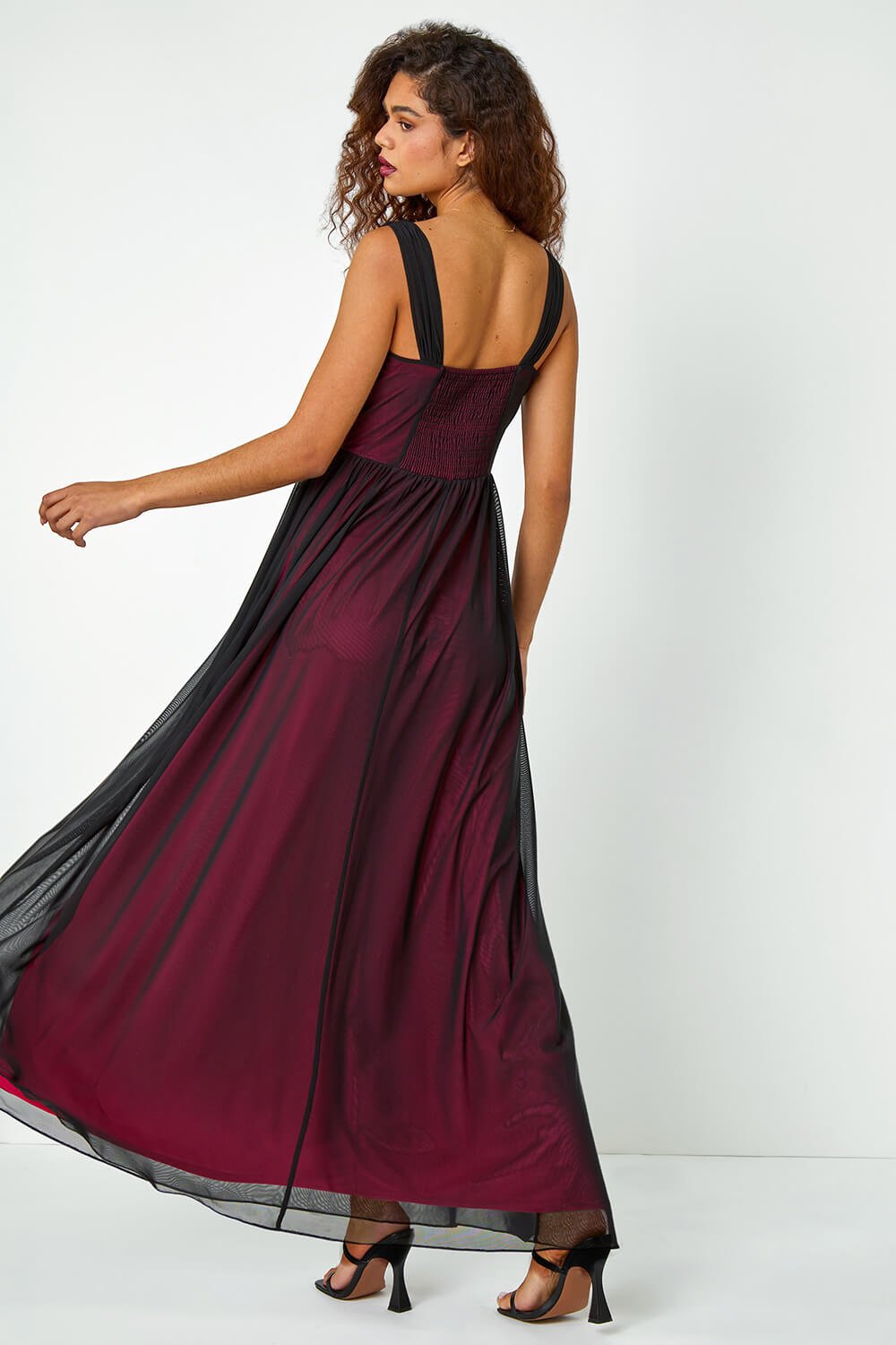 Black Sleeveless Contrast Mesh Maxi Stretch Dress, Image 3 of 5