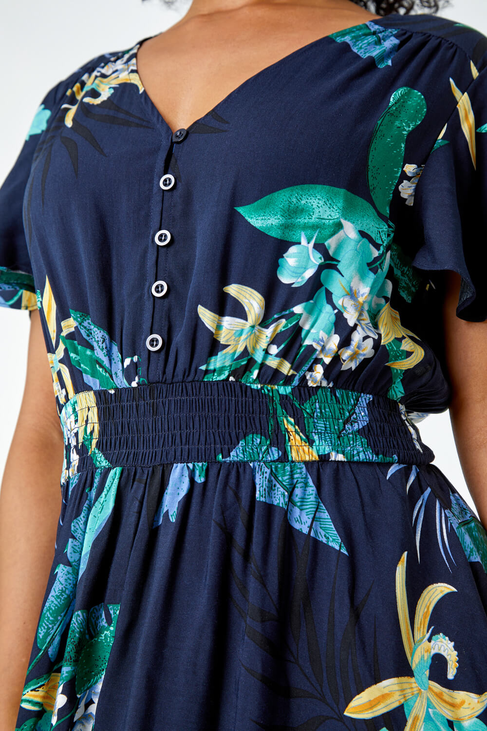 Navy  Petite Floral Shirred Midi Dress, Image 5 of 5