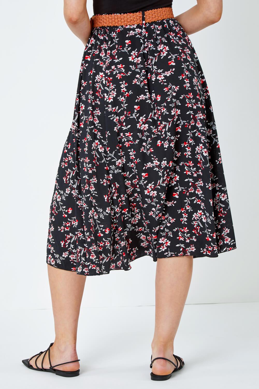 Black Floral Print Belted Midi Skirt, Image 4 of 5