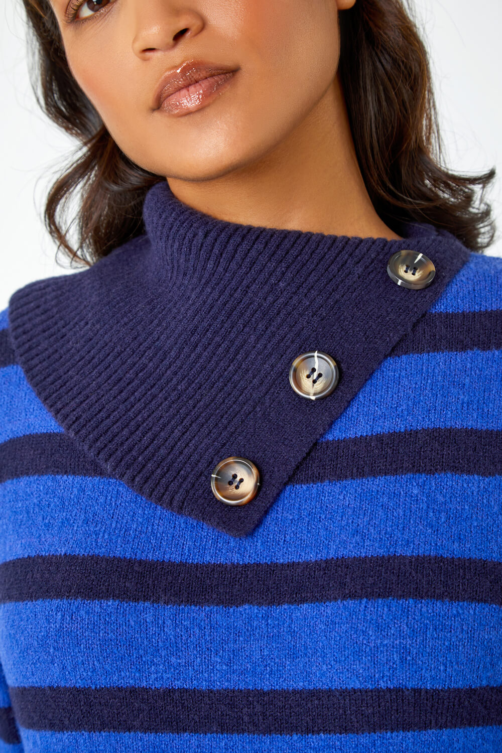 Royal Blue Stripe Cowl Neck Button Jumper, Image 5 of 5