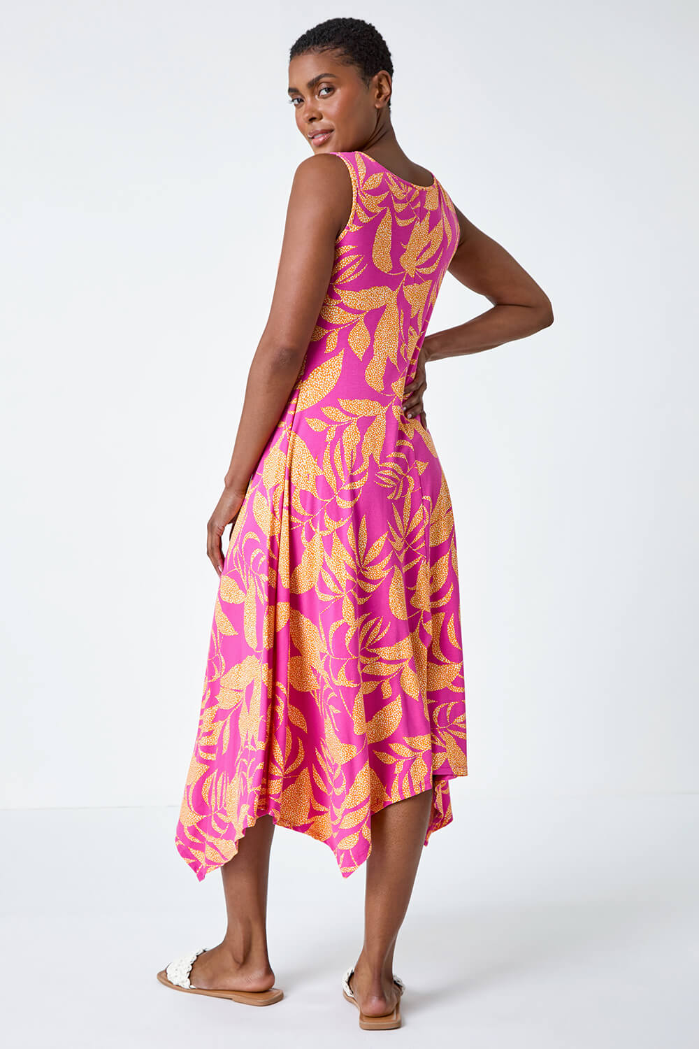 Fuchsia Tropical Print Pleated Maxi Stretch Dress, Image 3 of 5