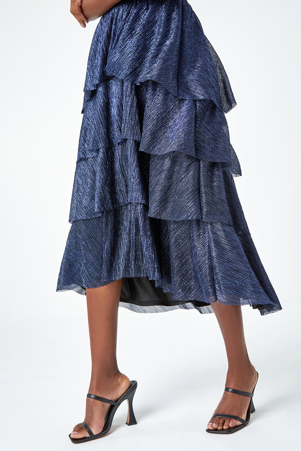 Midnight Blue Shimmer Tiered Midi Dress, Image 5 of 5