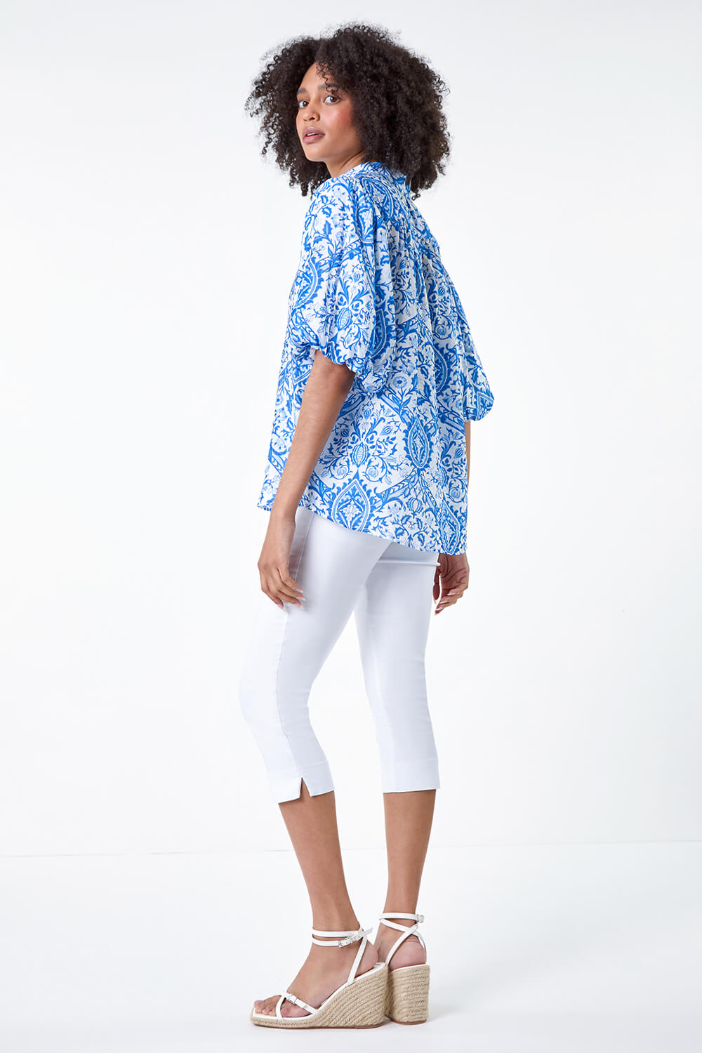 Blue Floral Print Puff Sleeve Shirt, Image 3 of 5
