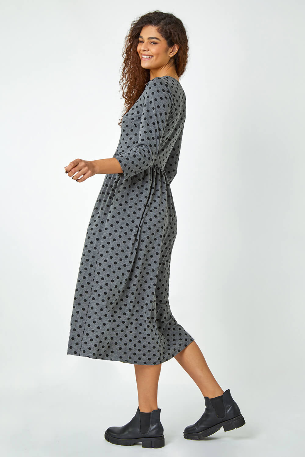 Grey Polka Dot Print Midi Stretch Dress, Image 3 of 5