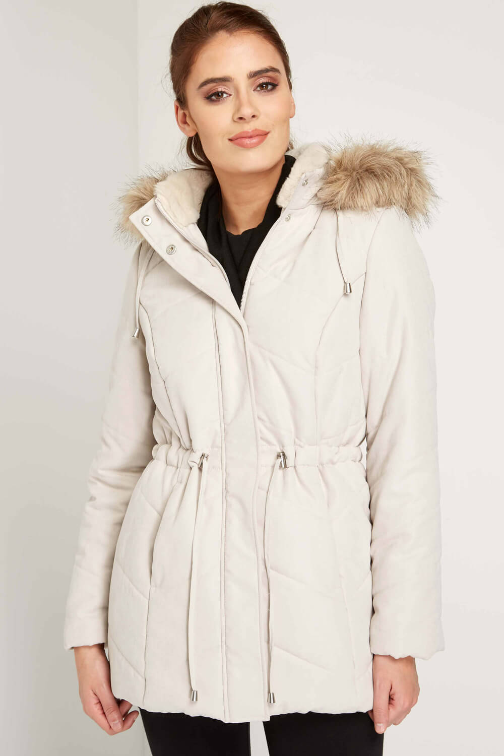 Quilted Parka Coat with Hood in Stone - Roman Originals UK