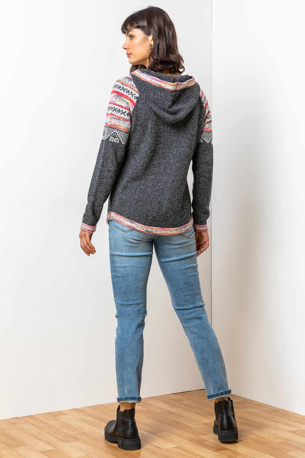 Charcoal Nordic Print Hooded Jumper, Image 2 of 5