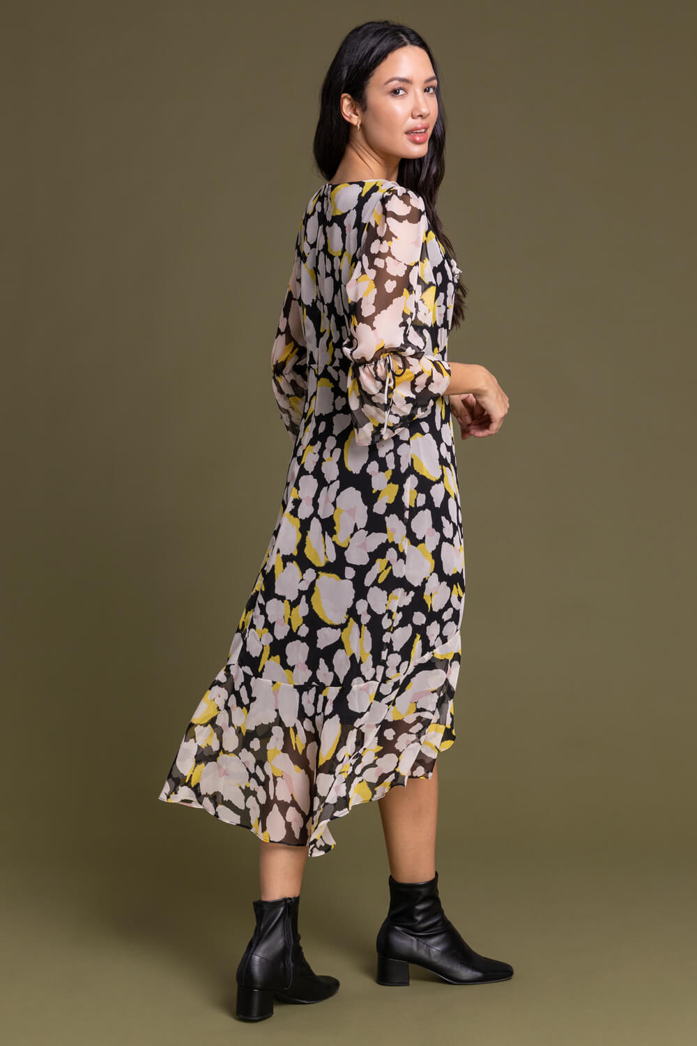 Yellow Floral Frill Detail Midi Dress, Image 2 of 5