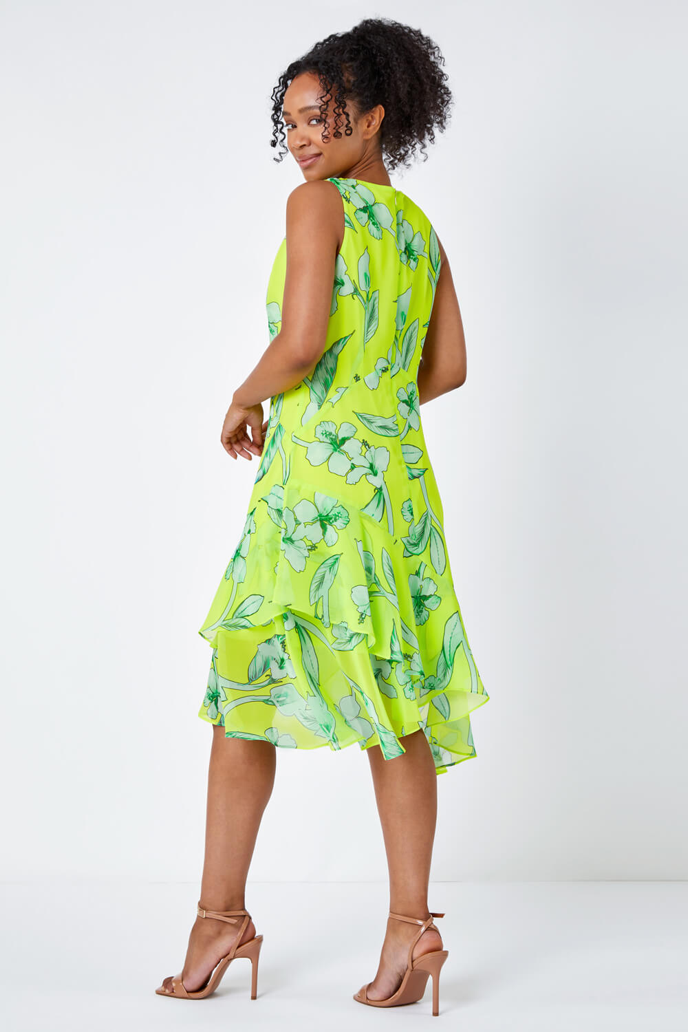 Lime Petite Floral Frill Hem Dress, Image 3 of 5